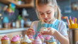 © Itsaraporn - A close-up of a young girl chef carefully decorating cupcakes with colorful frosting in a cheerful kitchen, her face focused and determined, surrounded by baking tools and sprinkles