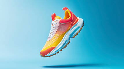 vibrant women sneaker in mid-air on bold blue background