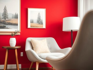 A modern living room with a vibrant red wall, featuring two framed landscape prints. A white armchair with a cushion is paired with a wooden side table holding a white vase and plant. A floor lamp