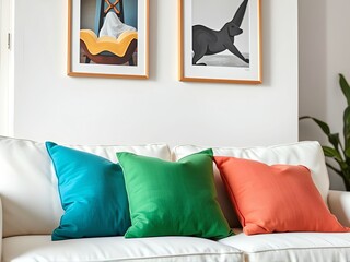 A white sofa with colorful pillows—blue, green, and orange is complemented by two framed abstract art pieces on the wall above. A green plant is partially visible in the corner