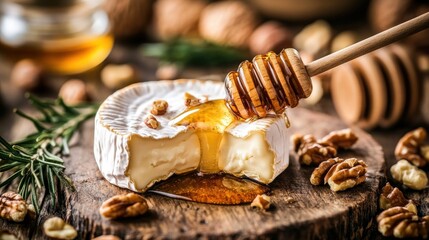 Poster - A creamy cheese topped with honey and walnuts, set on a wooden board for a gourmet display.