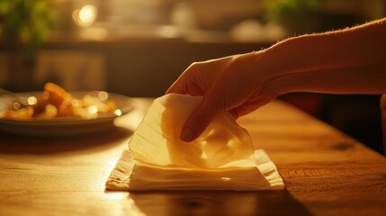 Wall Mural - A hand gently places a thin sheet over a napkin on a wooden table, with food in the background.