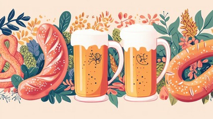 Sticker - A vibrant illustration featuring beer mugs, pretzels, and sausages amidst colorful foliage.