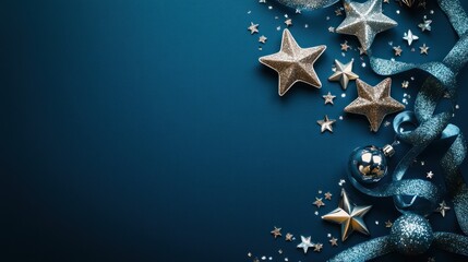 Canvas Print - A festive arrangement of silver stars, ornaments, and ribbons on a blue background.