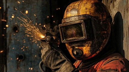 Poster - A worker in a protective helmet engages in welding, surrounded by sparks and industrial setting.