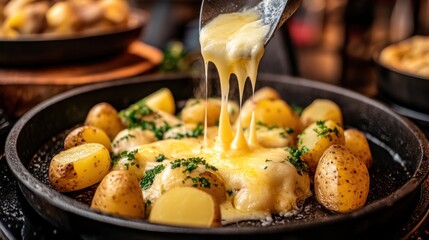 Wall Mural - A delicious dish featuring melted cheese and potatoes, served in a skillet.