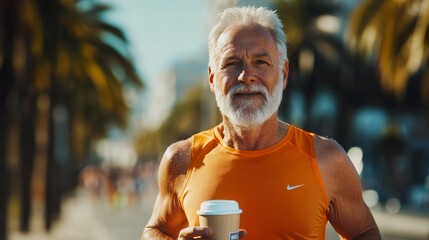 Man in an orange shirt is holding a coffee cup while running. which suggests that he is enjoying his run and the coffee. body shot of a senior man carrying a whey shake while running in a marathon