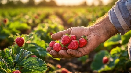 Wall Mural - A hand holding freshly picked strawberries in a sunlit field.