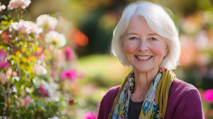 A portrait of an old woman with striking white hair styled elegantly, smiling warmly at the camera, with a backdrop of a colorful garden filled with blooming flowers