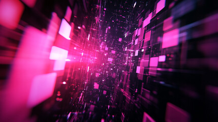 Poster - Vibrant abstract digital landscape with pink light beams and geometric shapes in a dark space