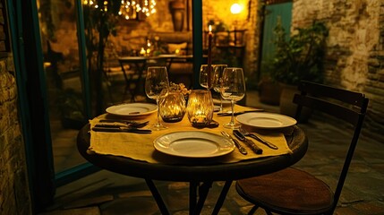 Sticker - A cozy dinner setting with tableware, candles, and plants, creating an inviting atmosphere.