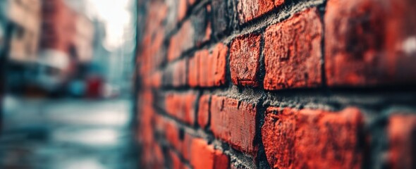 Wall Mural - Close-up of a textured red brick wall with a blurred urban background.