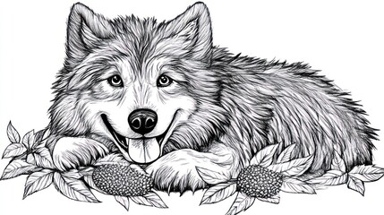 Wall Mural - A playful wolf lying among leaves and berries, showcasing a whimsical illustration style.