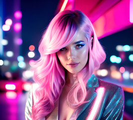 Wall Mural - Bright and beautiful stylish girl in pink tones against the background of a bright night city.generative ai