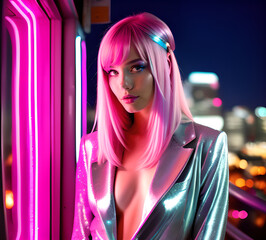 Wall Mural - Bright and beautiful stylish girl in pink tones against the background of a bright night city.generative ai