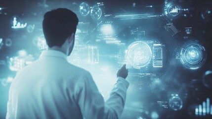 Poster - A scientist interacts with a futuristic digital interface displaying data and analytics.