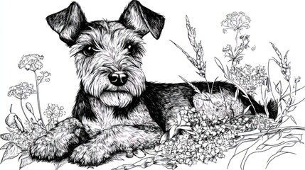 Sticker - A detailed illustration of a dog resting among flowers, showcasing nature's beauty.