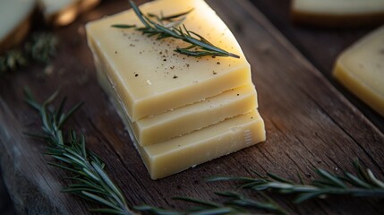 Poster - A close-up of stacked cheese slices garnished with rosemary on a wooden surface.