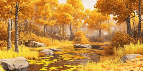 Poster - Autumn scene featuring a yellow forest and a river Trees, shrubs, and dry grass grow along a stony shore, reflecting the transition to colder, rainy weather