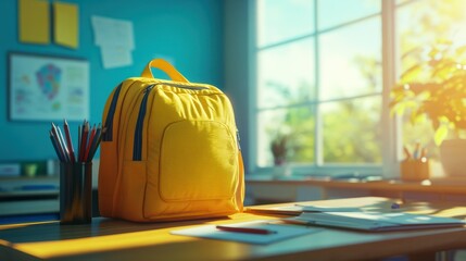 Canvas Print - A bright yellow backpack sits on a desk in a sunlit classroom, surrounded by school supplies.