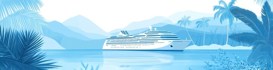 Wall Mural - A serene cruise ship anchored in a tropical landscape with palm trees and mountains.