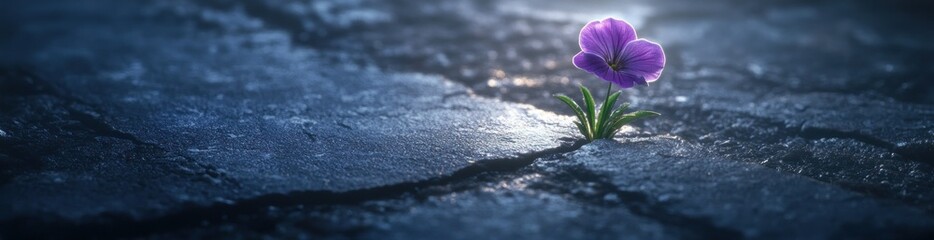 Wall Mural - A solitary purple flower emerges from cracked pavement, symbolizing resilience and hope.