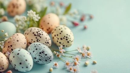 Poster - A serene arrangement of speckled eggs and delicate flowers on a soft pastel background.