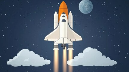 Wall Mural - a rocket launching into space with clouds and a moon in the background.