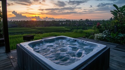 Poster - A hot tub overlooking a serene landscape during sunset, promoting relaxation and leisure.