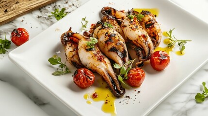 Wall Mural - Grilled squid with cherry tomatoes and herbs on a white plate, drizzled with olive oil.