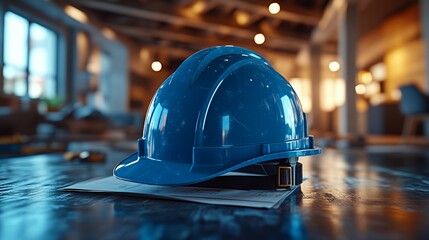 A blue hard hat rests on a blueprint with a blurred background of a construction site.