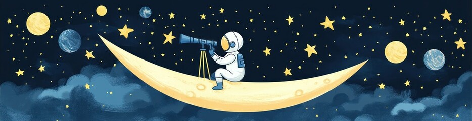 Wall Mural - an astronaut sitting on a crescent moon, using a telescope to observe the stars and planets.