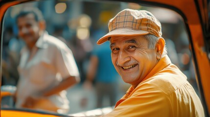 Canvas Print - A smiling older man in an orange shirt and cap, sitting in a vehicle, exuding warmth.