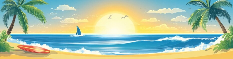 Sticker - A serene beach scene with a sunset, waves, and palm trees, evoking relaxation and leisure.