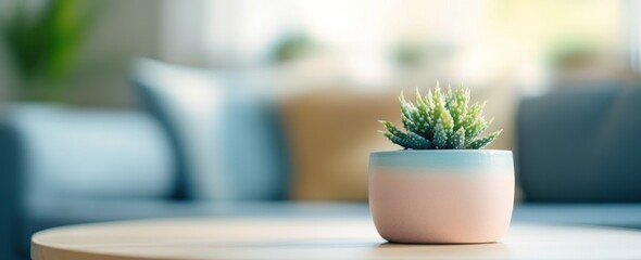 Canvas Print - A small succulent plant in a pastel pot on a wooden table in a cozy living space.