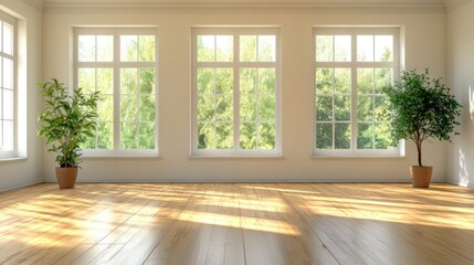 Sticker - Bright, airy room with large windows and potted plants, emphasizing natural light and tranquility.