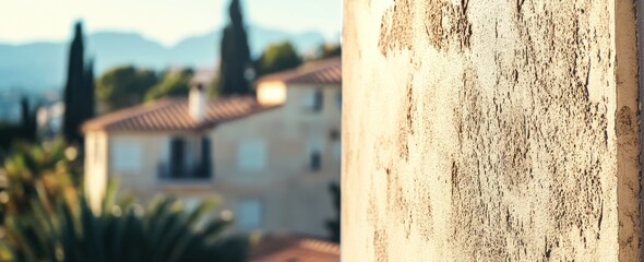 Sticker - A close-up of a textured wall with a blurred background of buildings and greenery.