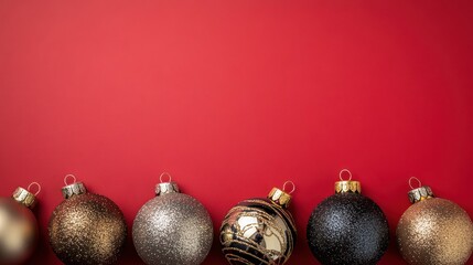 Poster - A festive arrangement of decorative Christmas ornaments against a red background.