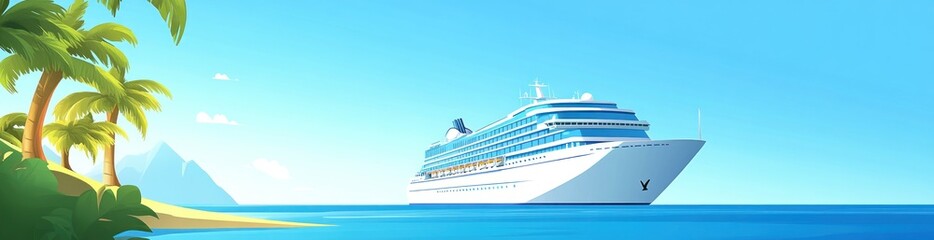 Wall Mural - A vibrant cruise ship docked near a tropical beach with palm trees and mountains in the background.