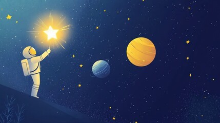 Wall Mural - an astronaut reaching for a star amidst planets in a colorful cosmic scene.