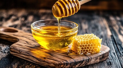 Canvas Print - A wooden serving board with honey and honeycomb, showcasing natural sweetness.