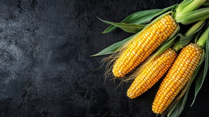 Canvas Print - Fresh corn on the cob with green husks against a dark background.