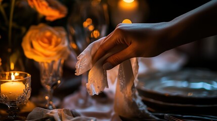 Poster - A hand delicately holds a lace napkin at a candlelit dinner table with roses.