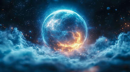 Poster - A vibrant sphere glowing with blue and orange energy, surrounded by dynamic sparks and embers