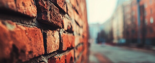 Canvas Print - A close-up of a weathered brick wall with a blurred urban background.