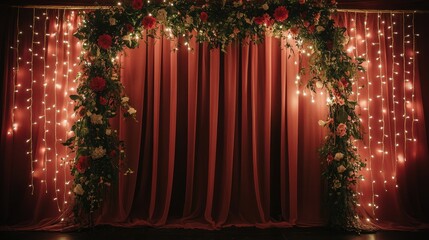 Wall Mural - A beautifully decorated stage with floral arrangements and twinkling lights.