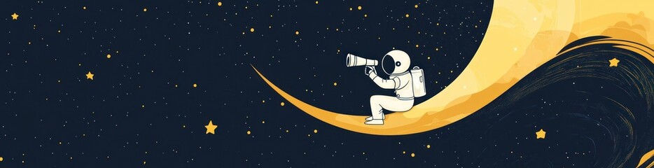 Wall Mural - an astronaut sitting on a crescent moon, gazing through a telescope at the stars.