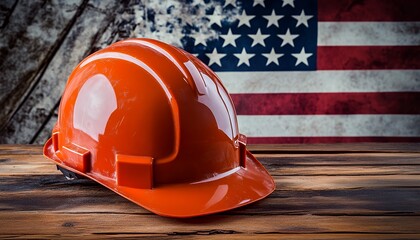 Orange hard hat in front of blurred American flag on wooden surface.