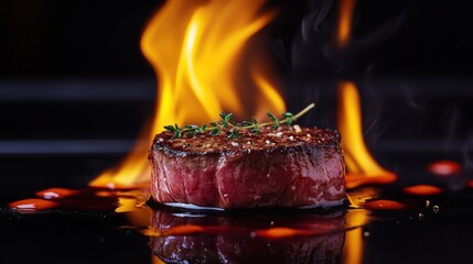 Wall Mural - A perfectly cooked steak garnished with herbs, surrounded by flames and sauce for dramatic effect.