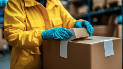 Poster - A person in a yellow jacket applies a label to a cardboard box in a storage area.